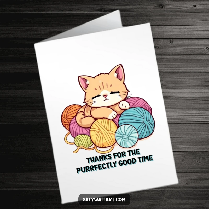 Funny Free Printable Thank You Card: A fluffy cat is deeply asleep on a huge pile of colorful yarn balls, looking peaceful.