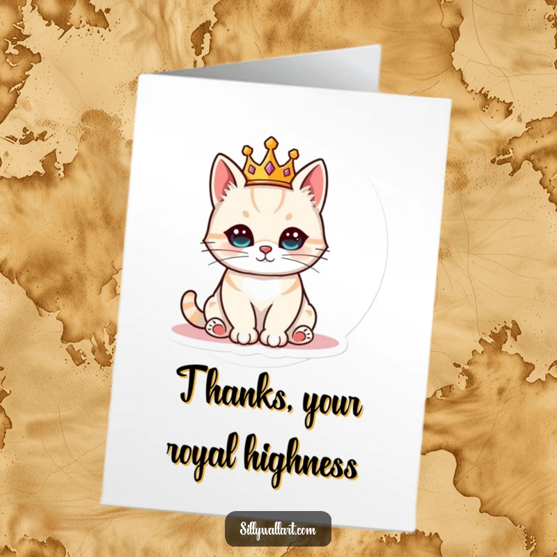 Funny Free Printable Thank You Card: a cat wearing a tiny crown sits like royalty, expressing thanks with dignity.