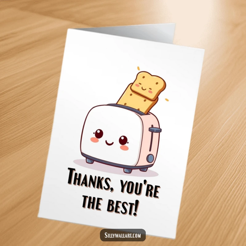 Funny free printable thank you card featuring a cheerful toaster launching toast, expressing thanks.
