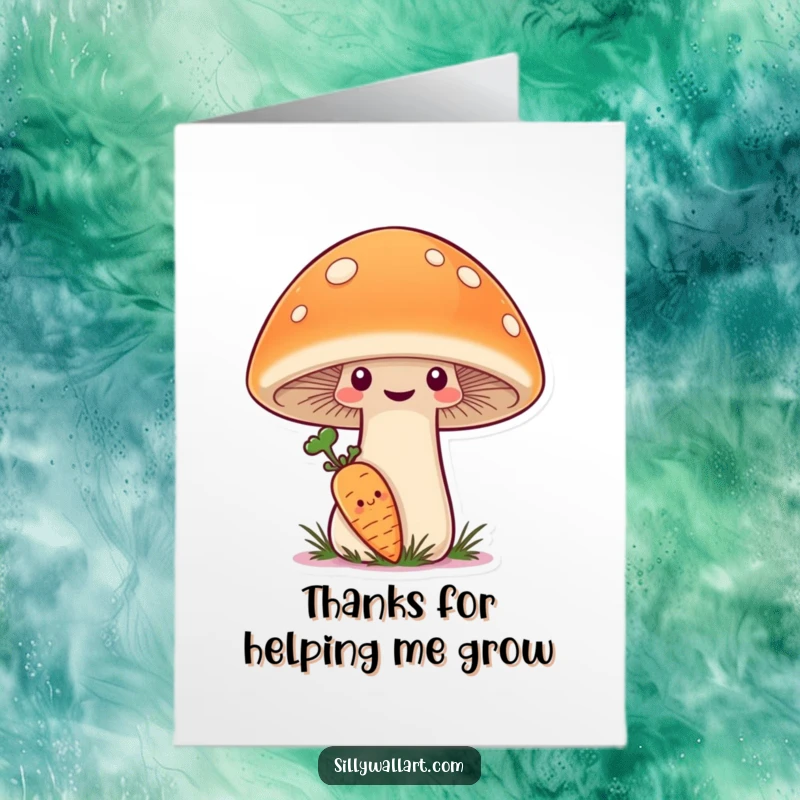 Funny Free Printable Thank You Card: A shy carrot hides behind a giant smiling mushroom, a cute way to express gratitude.