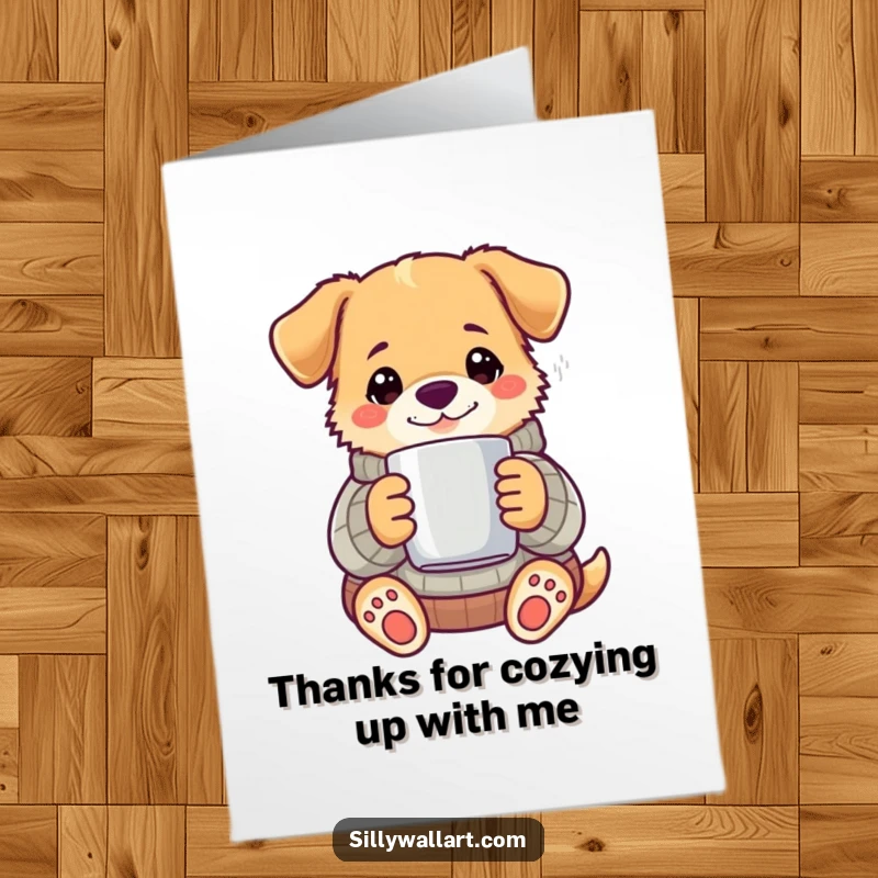 Funny Free Printable Thank You Card: A dog in a sweater holding a steaming mug, conveying sincere thanks with warmth.