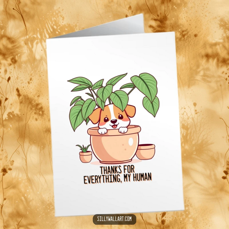 Funny Free Printable Thank You Card: A smiling dog peaking from behind a plant, conveying warm thanks with a joyful expression.