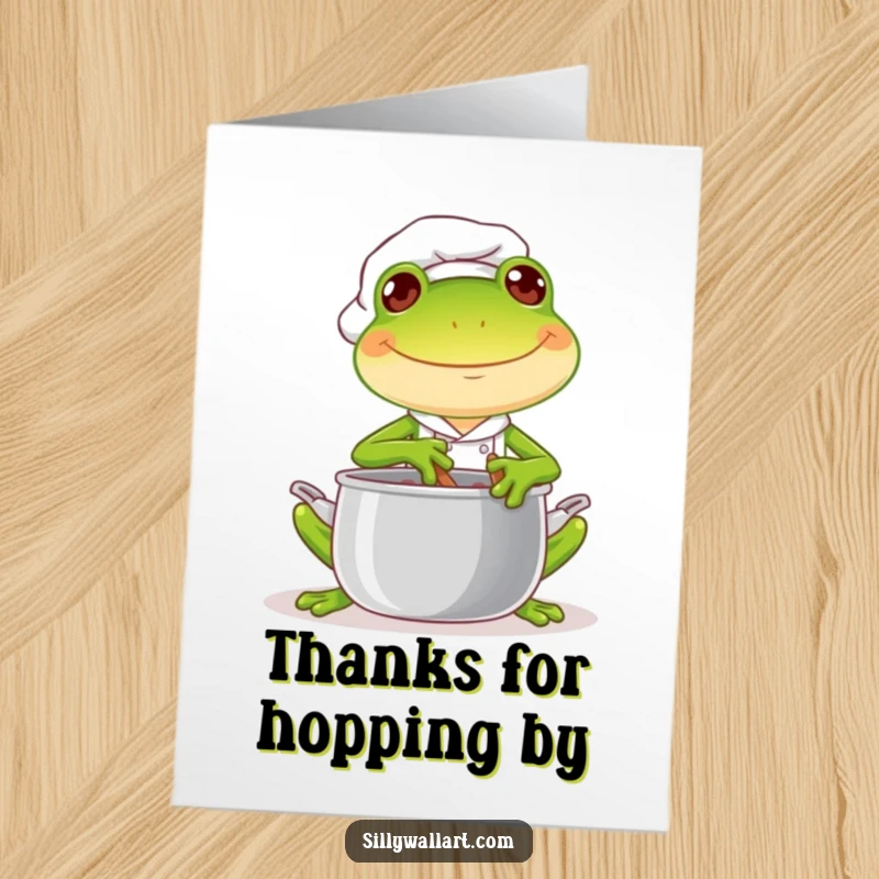 Funny Free Printable Thank You Card with a joyful frog chef stirring a pot with a mischievous glint, ideal for a downloadable thank you.