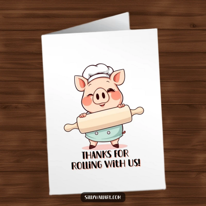 Funny free printable pig chef card, a smiling pig chef holding a massive rolling pin giving a wink.