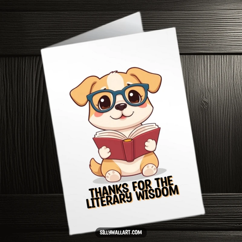 Funny Free Printable dog wearing reading glasses holding book aloft, expressing thanks, perfect for a downloadable thank you card.