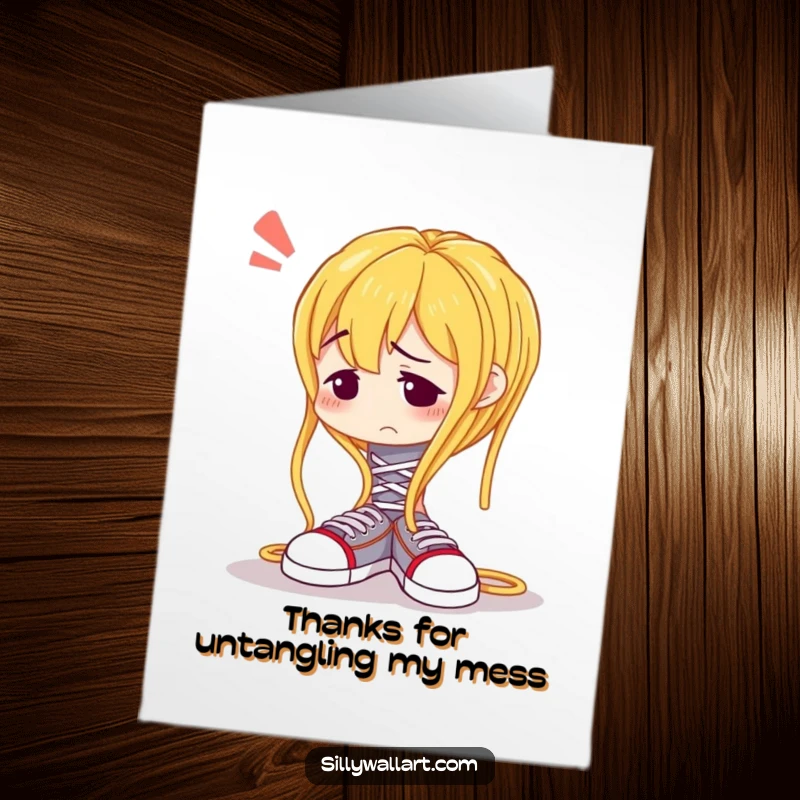 Funny Free Printable Thank You Card: A spaghetti noodle looks baffled while trying to tie its own shoelaces, expressing thanks quirkily.