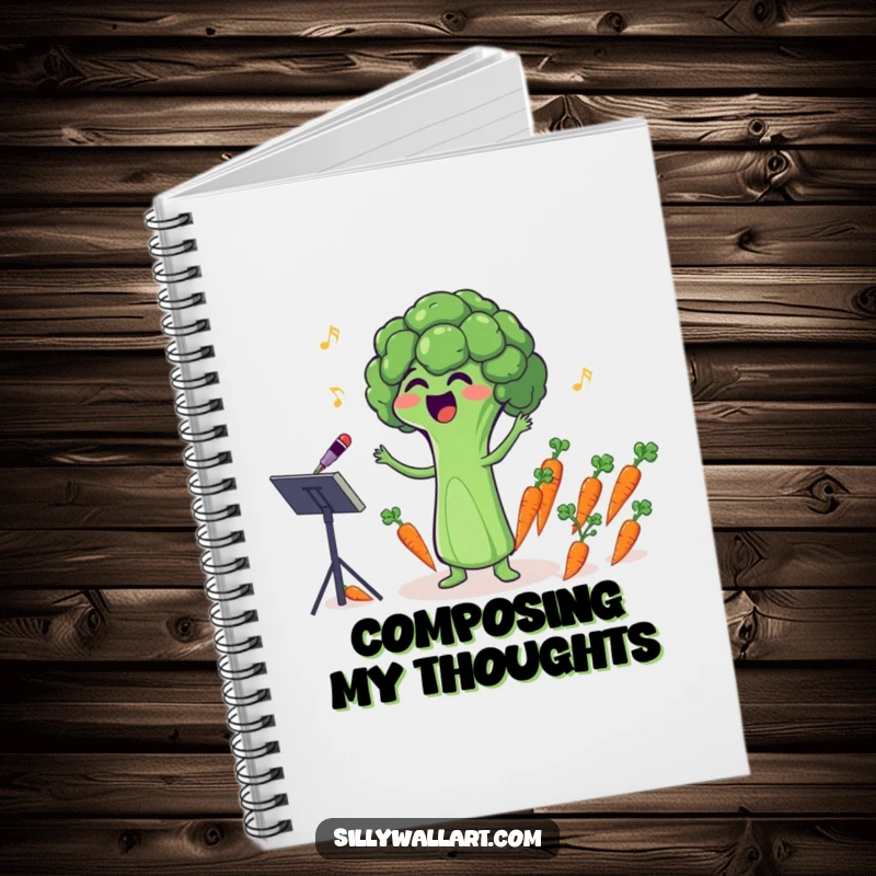 Funny notebook cover with a singing broccoli floret comically conducting a tiny carrot orchestra, for humorous note-taking.