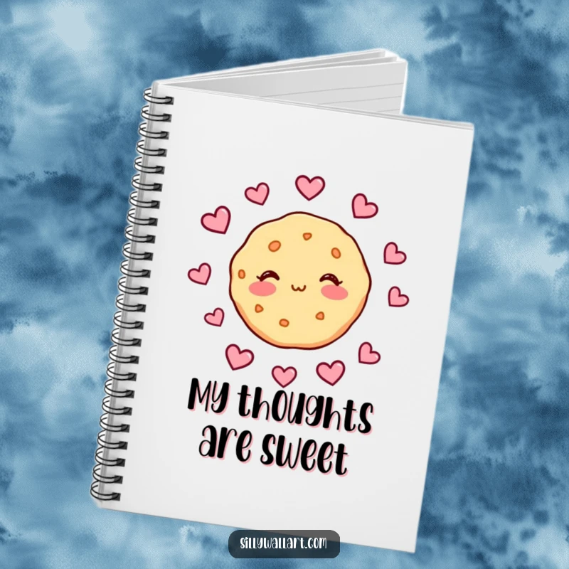 Funny notebook featuring a shy cookie blushing with hearts floating around, perfect for journaling sweet thoughts with a touch of charming humor.