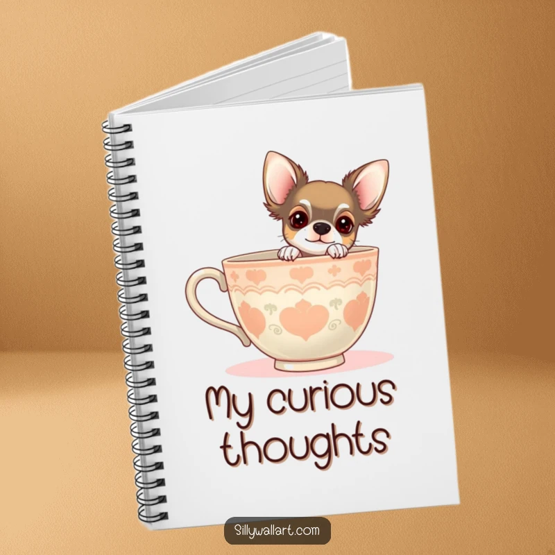 Funny notebook featuring a chihuahua peeking from behind a giant teacup. Ideal for notes, journaling, and cute dog doodles.