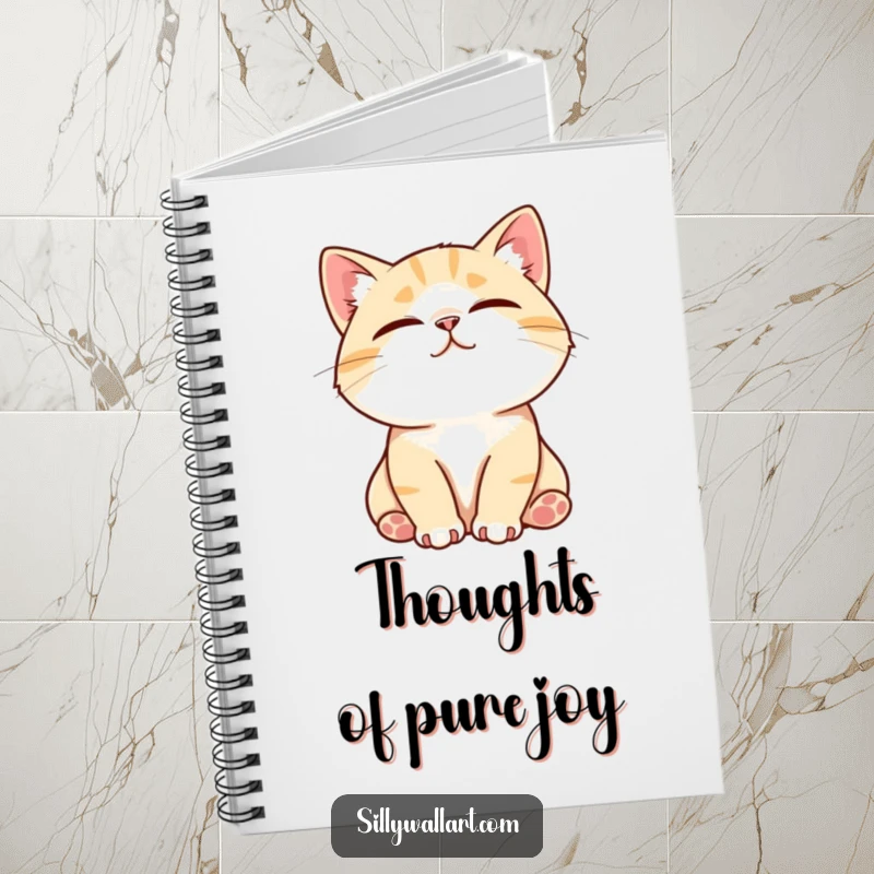 Funny notebook cover showing a contented cat purring loudly while being stroked, its eyes closed in peaceful bliss, ready for notes.