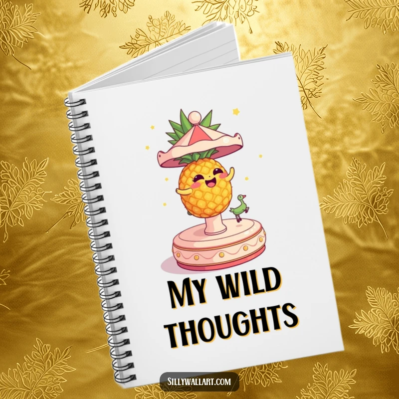 Funny Notebook with a dizzy pineapple spinning wildly on a carousel, ideal for travel or daily notes.