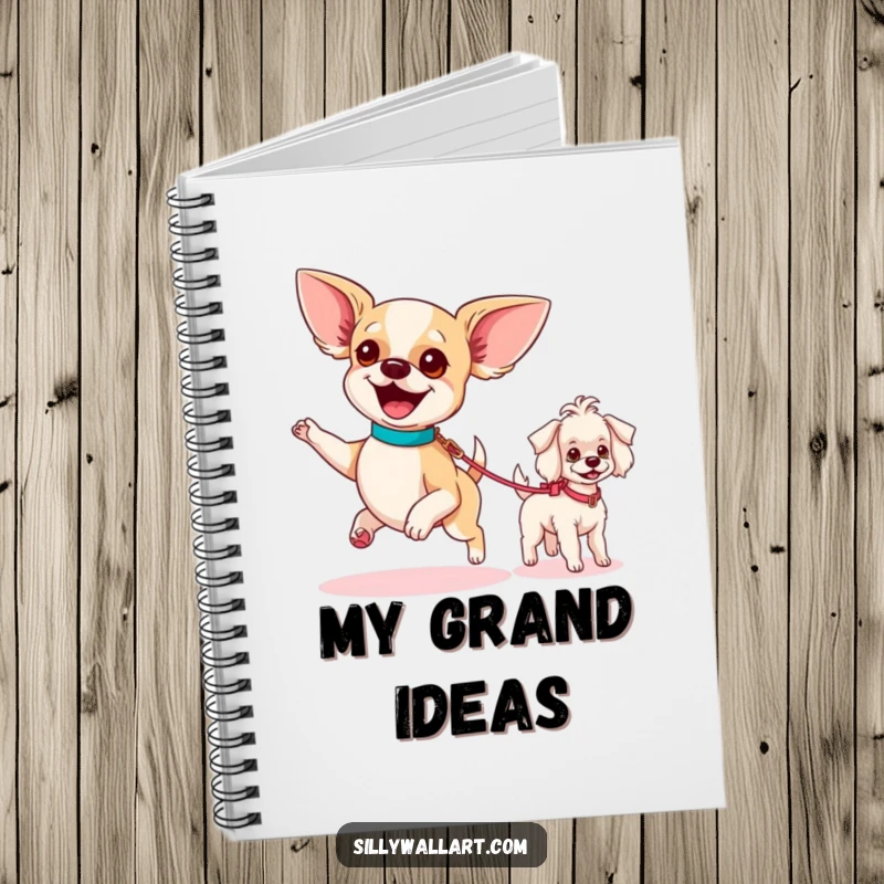 Funny notebook cover with an excited chihuahua parading a tiny poodle on a leash, inspiring fun notes and creative ideas.