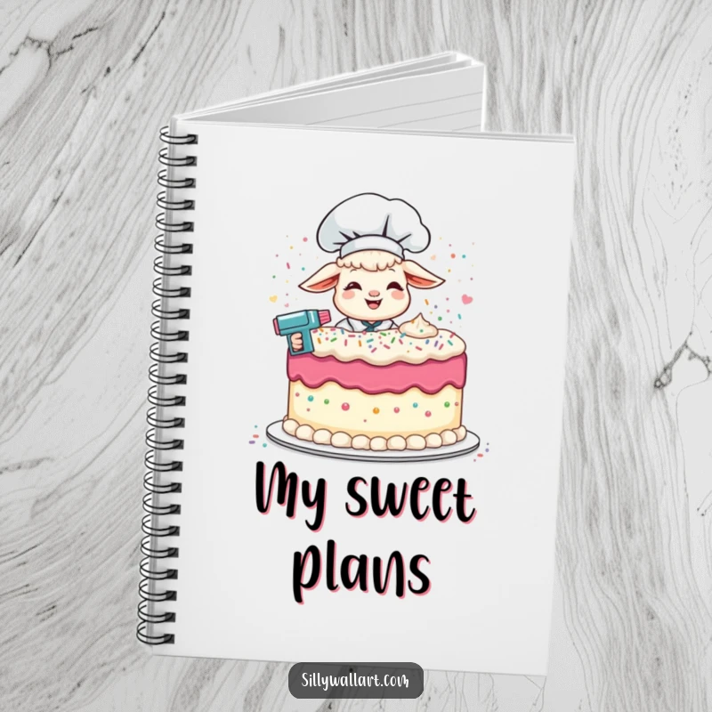 Funny notebook cover with a giggling lamb chef frosting a cake with a sprinkle gun, ideal for baking notes.