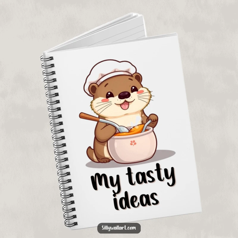 Funny notebook cover with a happy kawaii otter chef tasting from a pot, ideal for culinary notes and kitchen inspiration.