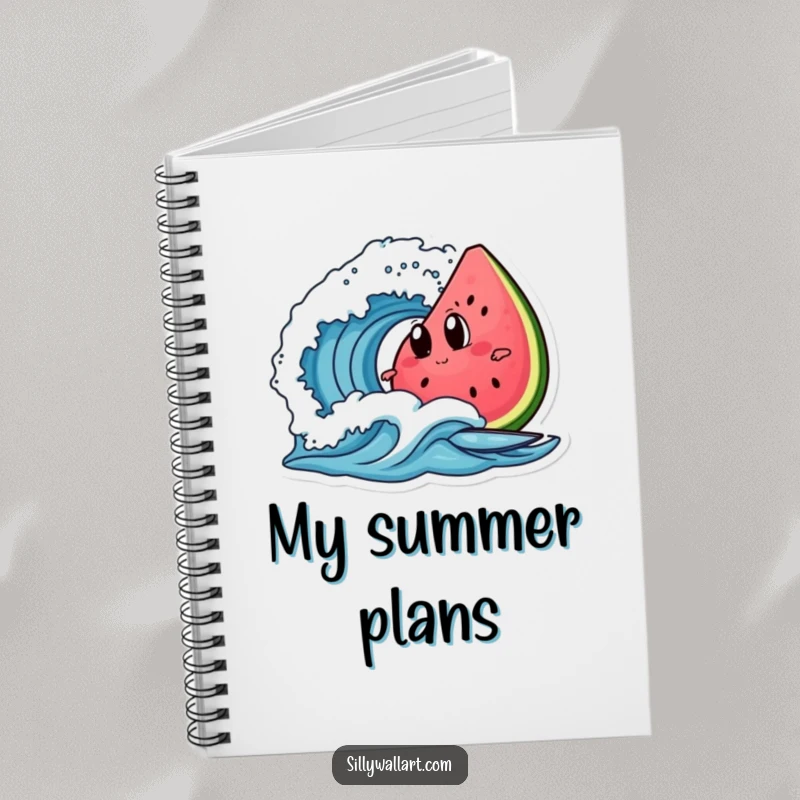 Funny watermelon slice with googly eyes, surfing a wave, on the cover of a notebook for humorous note-taking.