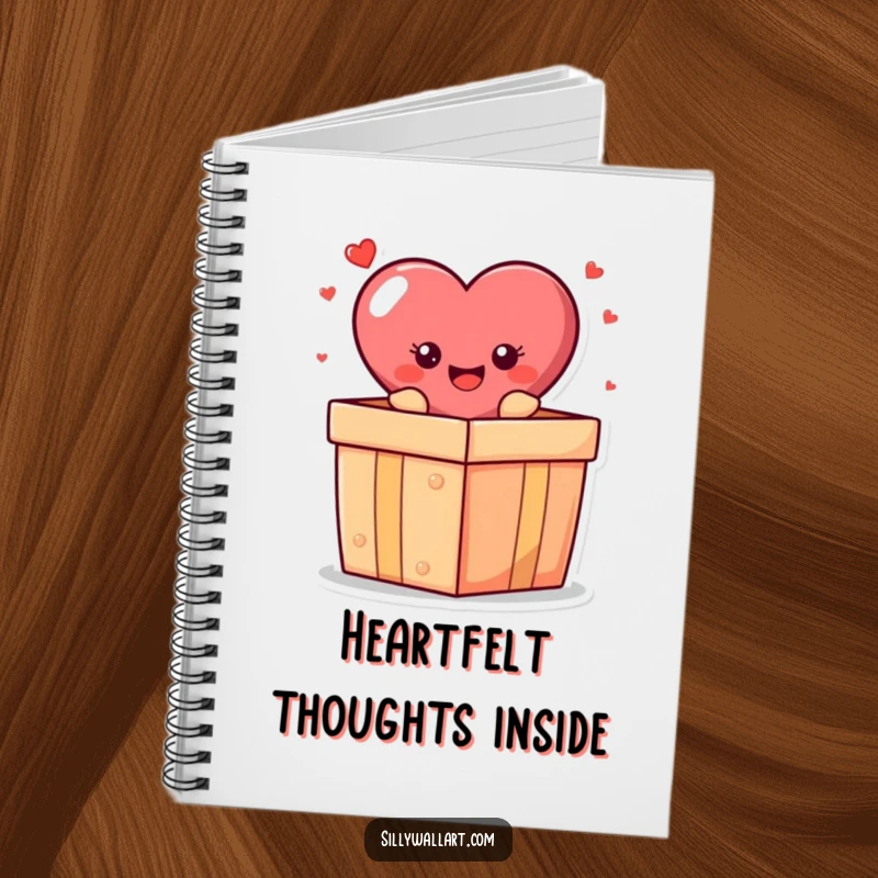 Funny notebook: A cheerful heart character popping out of a gift box, inspiring happy and creative note-taking.