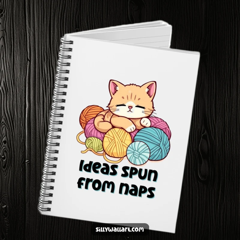 Funny notebook cover featuring a cute, incredibly relaxed cat lounging contentedly on a fluffy pile of yarn balls, inspiring calm thoughts.