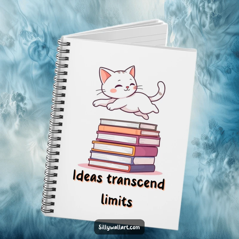 Funny notebook cover showing a sleek cat leaping gracefully over a stack of books, ready to document literary adventures.