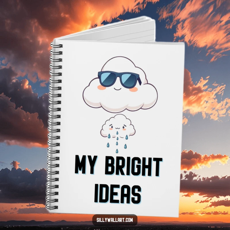 Funny cool cloud notebook with a proud cloud in sunglasses floating above a tiny, worried rain cloud, ideal for notes.
