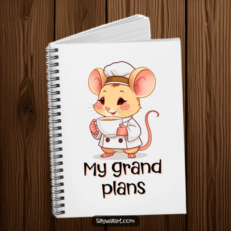 Funny notebook cover with a determined little mouse chef holding a tiny, steaming teacup, ideal for focused notes.