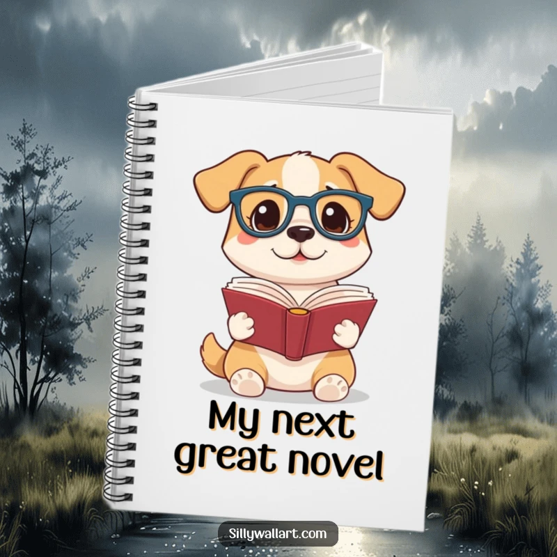 Funny notebook with a dog wearing reading glasses and holding a book, designed for note-taking, journaling, and creative writing enthusiasts.