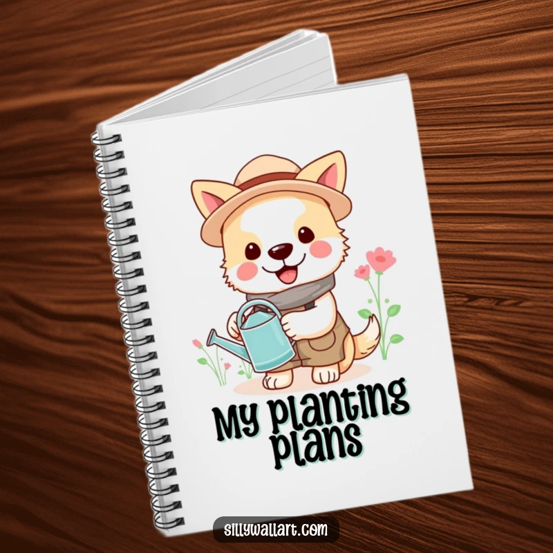 Funny gardener dog notebook, cheerful dog in gardening attire with watering can, creative journal cover.