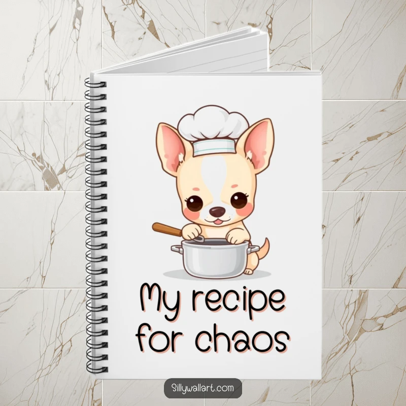 Funny notebook featuring a chihuahua in a chef hat, stirring a miniature pot. Ideal for recipes, kitchen notes, and foodie inspiration.