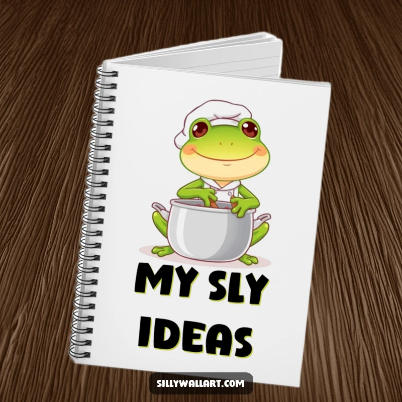 Funny notebook cover with a joyful frog chef stirring a pot with a mischievous glint, ideal for culinary notes.