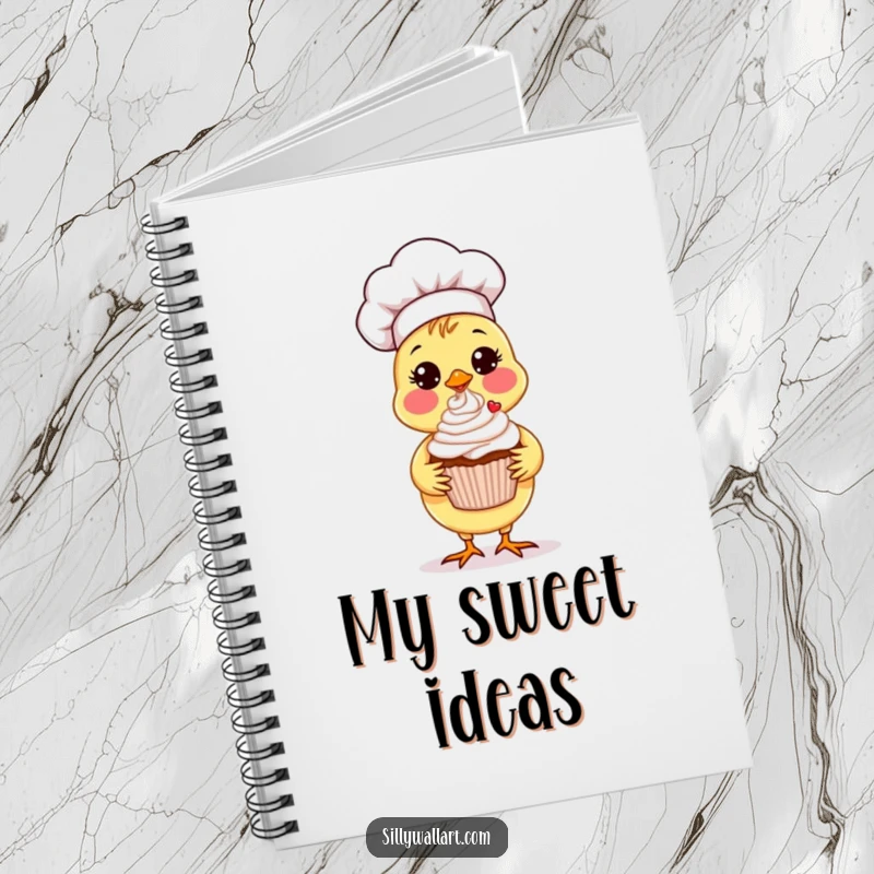 Funny Chick Chef Notebook featuring a sweet chick chef proudly presenting a decorated cupcake, perfect for recipe notes.