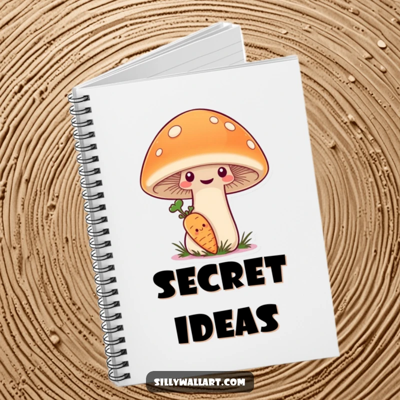 Funny Notebook with a shy carrot hiding behind a giant, smiling mushroom, ideal for nature journaling.