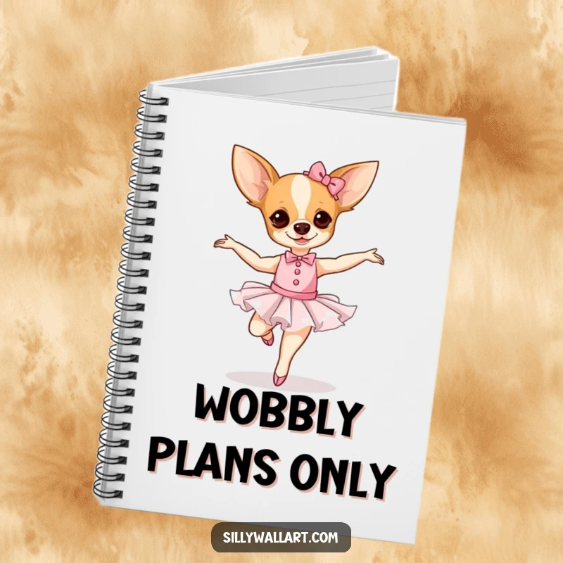 Funny Chihuahua Ballerina Notebook featuring a dog in a tutu attempting a dance move.