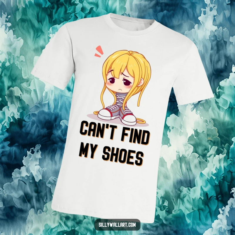 Funny t-shirt of a confused spaghetti noodle hilariously trying to tie its own shoelaces, a tangle of humor.