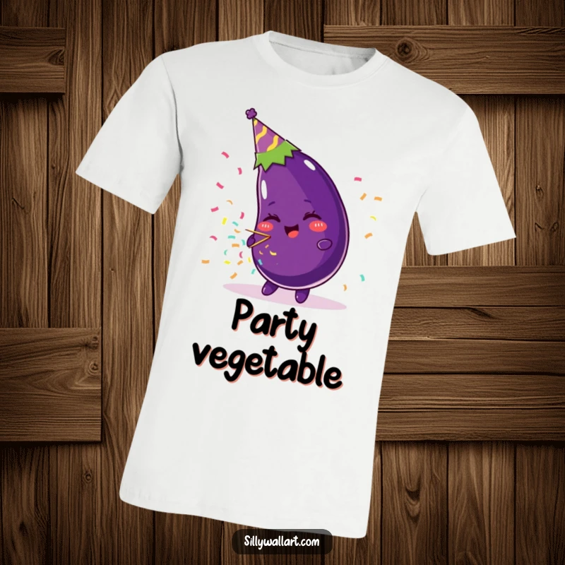 Funny T-shirt depicting a beaming eggplant in a party hat, joyfully firing a confetti popper with an infectious smile.