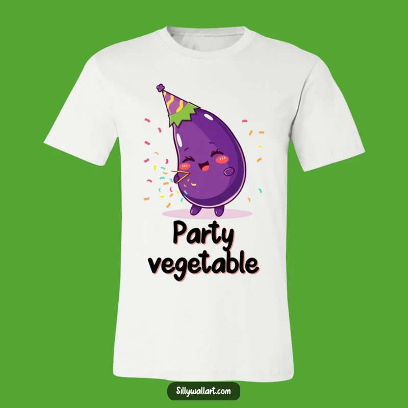 Funny Beaming Eggplant Party Hat T-Shirt - Festive Veggie Humor