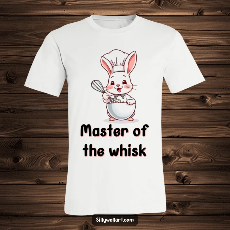 Funny Bunny Chef T-Shirt showing a cute bunny in a chef hat whisking ingredients joyfully.