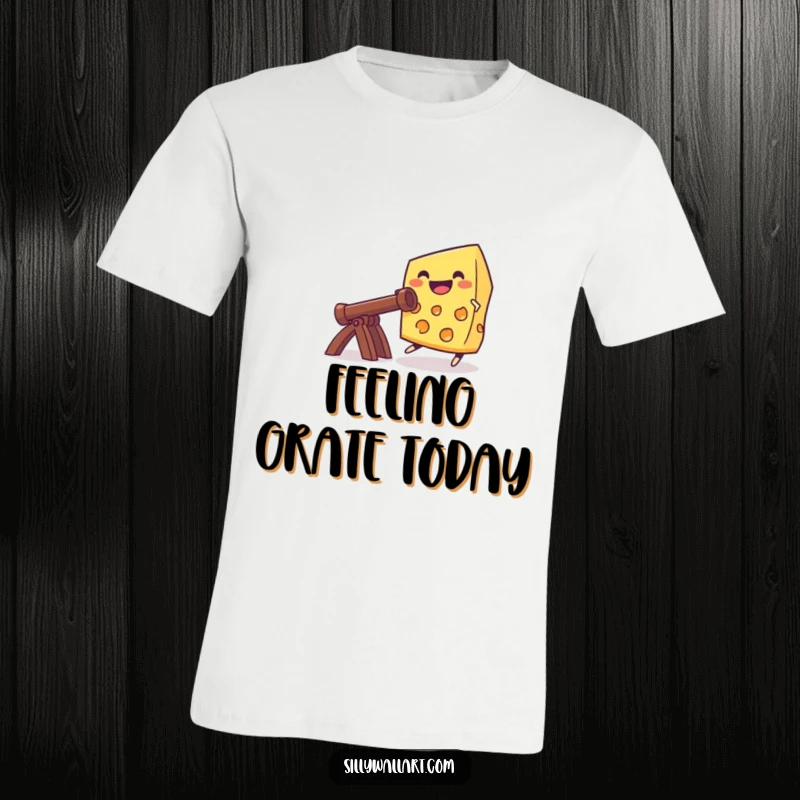 Funny grinning cheese piece propelled from a catapult, printed on a t-shirt, embodying adventurous and cheesy humor.