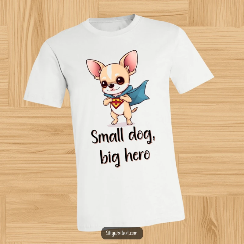 Funny t-shirt with a chihuahua superhero striking a dynamic pose, cape flowing. Celebrates tiny dogs with big heroic spirit.