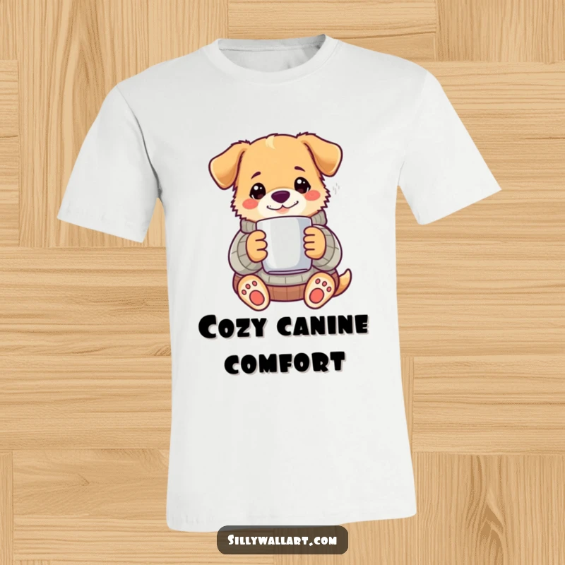 Funny dog dressed in a warm sweater, holding a mug with rising steam, on a comfortable t-shirt.