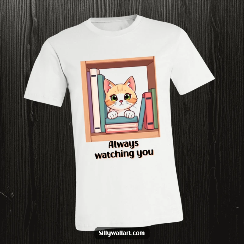 Funny t-shirt with a curious cat peeking from behind a bookshelf, its eyes wide with intrigue, ready to discover secrets.