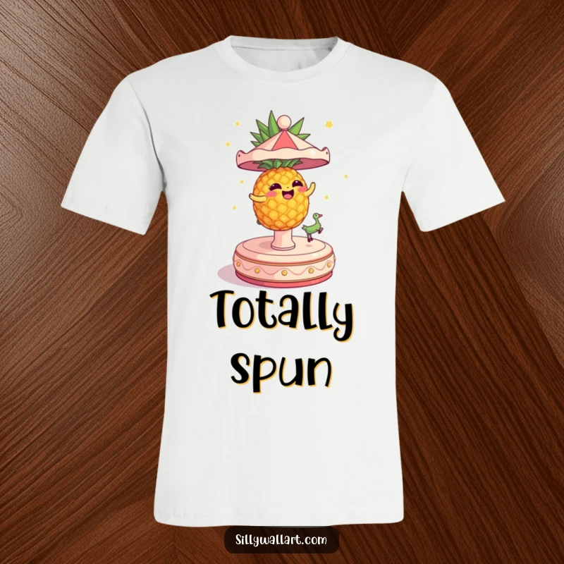 Funny T-Shirt of a dizzy pineapple spinning wildly on a carousel, perfect for fun-loving people.