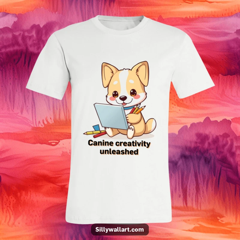 Funny T-Shirt: A dog artist character intently sketching in a book with pencils, looking inspired and creative.