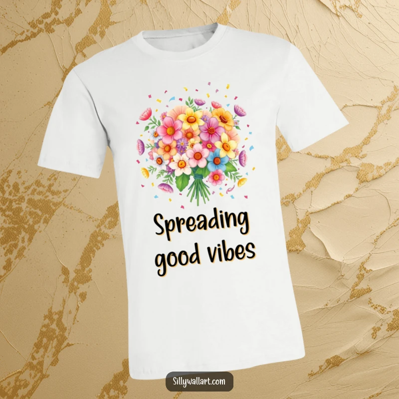 Funny t-shirt: A cheerful bouquet of flowers scattering colorful confetti, symbolizing joy and festive celebrations.