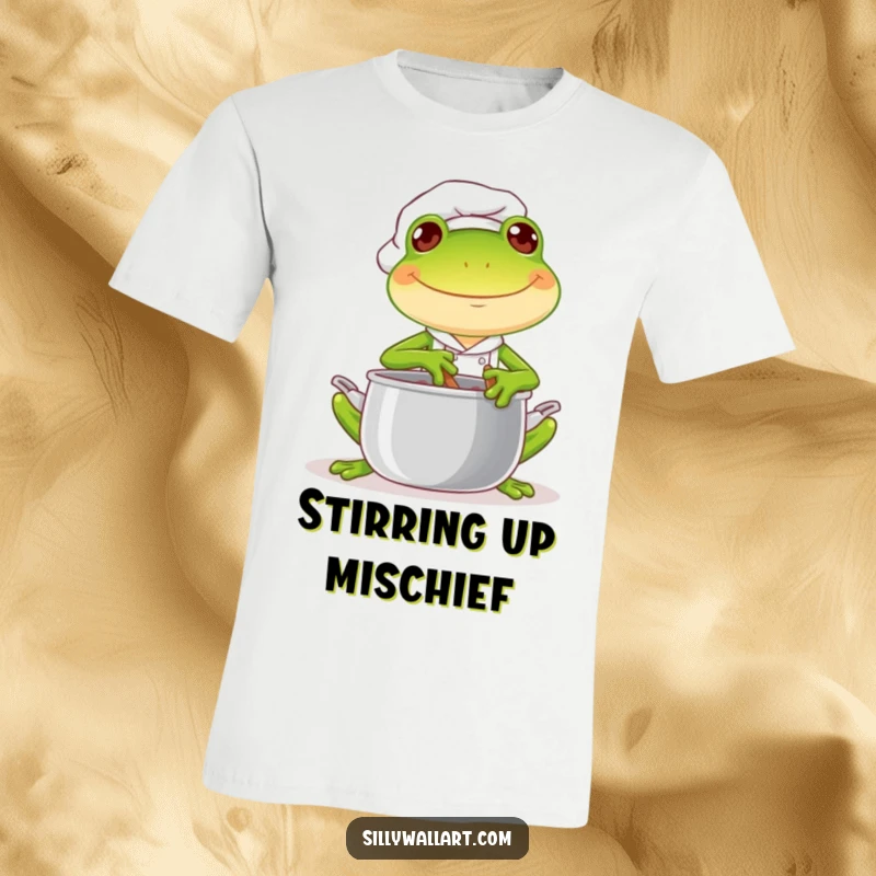 Funny T-shirt featuring a joyful frog chef cheerfully stirring a pot with a mischievous glint, signaling playful culinary energy.