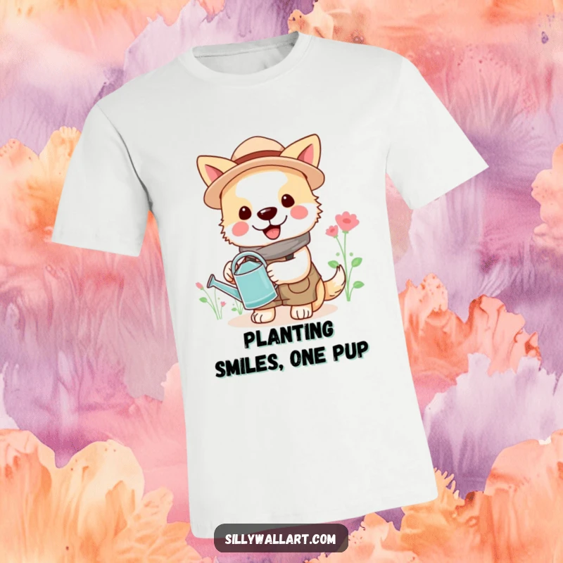 Funny gardener dog t-shirt, a cheerful dog in gardening attire holds a small watering can, cute and funny.