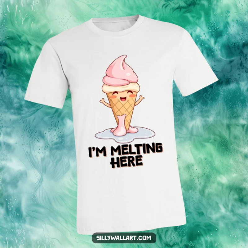 Funny ice cream t-shirt showing a giggling cone melting into a puddle with a shrug, embodying relaxed summer fun.