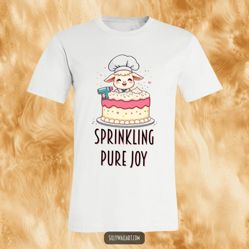 Funny T-shirt featuring a giggling lamb chef using a sprinkle gun to frost a giant cake, embodying playful baking.