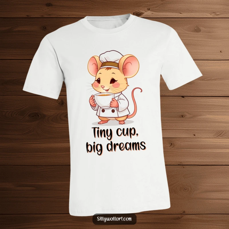 Funny T-shirt featuring a determined little mouse chef proudly holding a tiny, steaming teacup, embodying focus and appreciation.