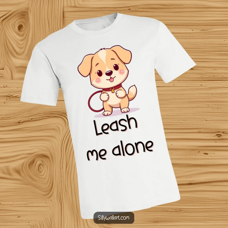 Funny dog with a wagging tail, holding a leash firmly, eager for a walk, on a comfortable t-shirt.