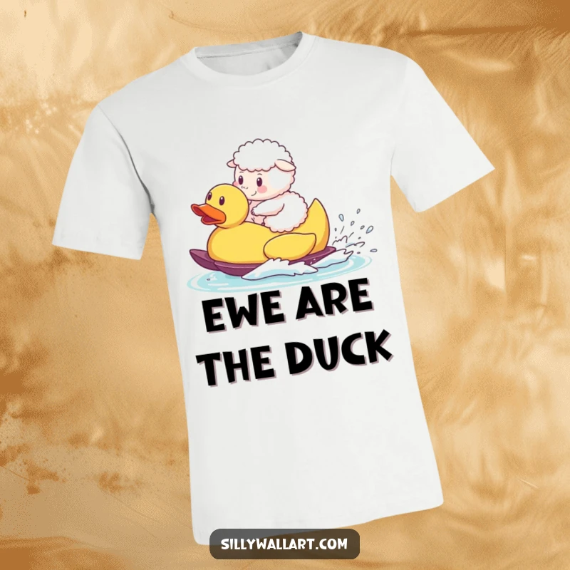 Funny t-shirt, a fluffy sheep waterskiing on a giant rubber duck, showcasing farm animal absurdity and fun.