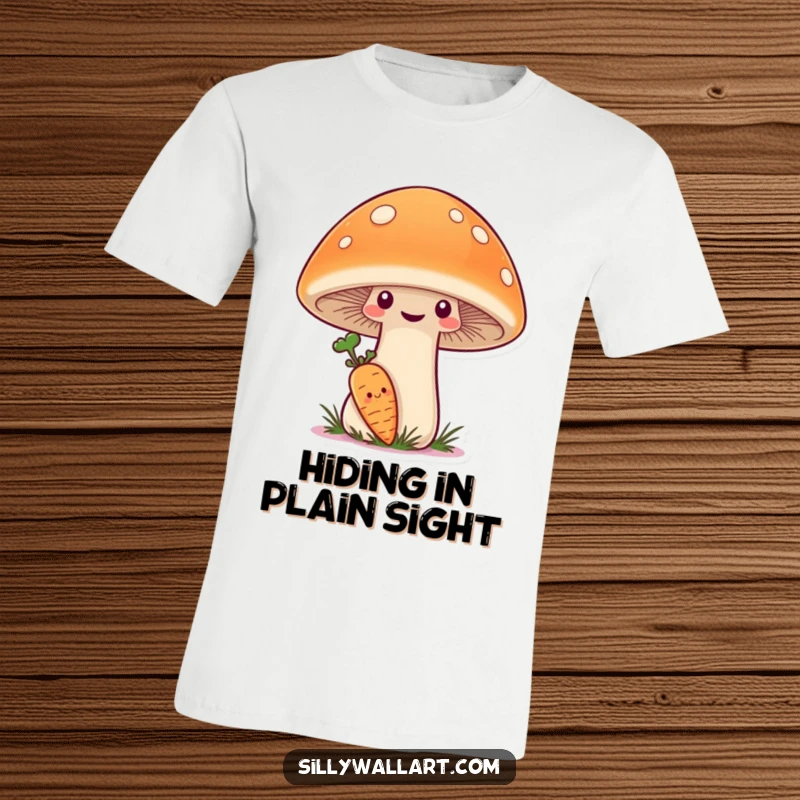 Funny T-Shirt of a shy carrot hiding behind a giant, smiling mushroom, perfect for nature lovers.